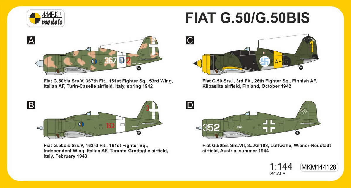 Mark I Models MKM144128 1:144 Fiat G.50/50bis 'Italian Arrow' (2in1 = 2 kits in 1 box) (Italian AF, Finnish AF, Luftwaffe)