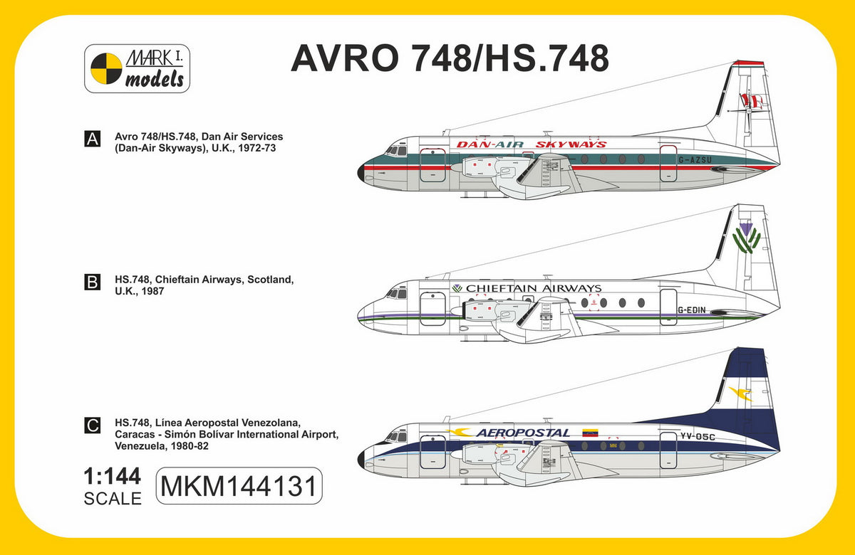 Mark I Models MKM144131 1:144 Hawker-Siddeley HS.748 'The Budgie' (Dan-Air Skyways, Chieftain Airways, Aeropostal Venezuela)