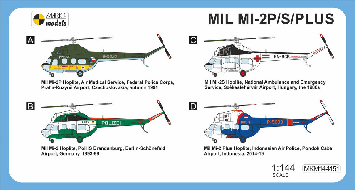 Mark I Models MKM144151 1:144 Mil Mi-2 Hoplite 'Police and Medical Service' (2in1 = 2 kits in 1 box) (Czechoslovakia, Germany, Hungary, Indonesia)