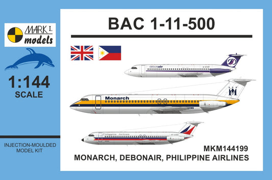 Mark I Models MKM144199 1:144 BAC 1-11-500 â€˜Monarch, Debonair, PALâ€™ with new decals