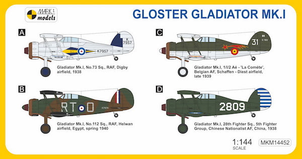 Mark I Models MKM14452 1:144 Gloster Gladiator Mk.I Last Biplane Fighter (decals for RAF, Belgian AF, Chinese Nationalist AF)