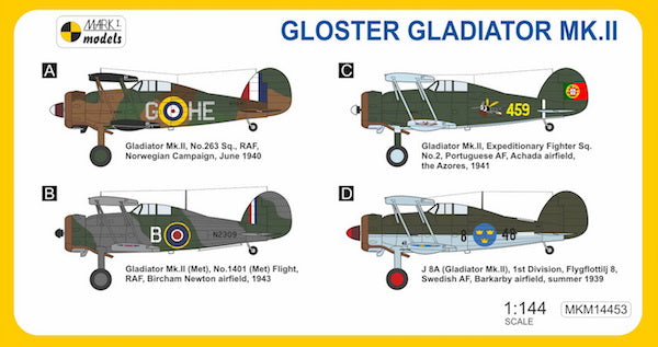 Mark I Models MKM14453 1:144 Gloster Gladiator Mk.II Gallant Warrior (decals RAF, Portuguese AF, Swedish AF)