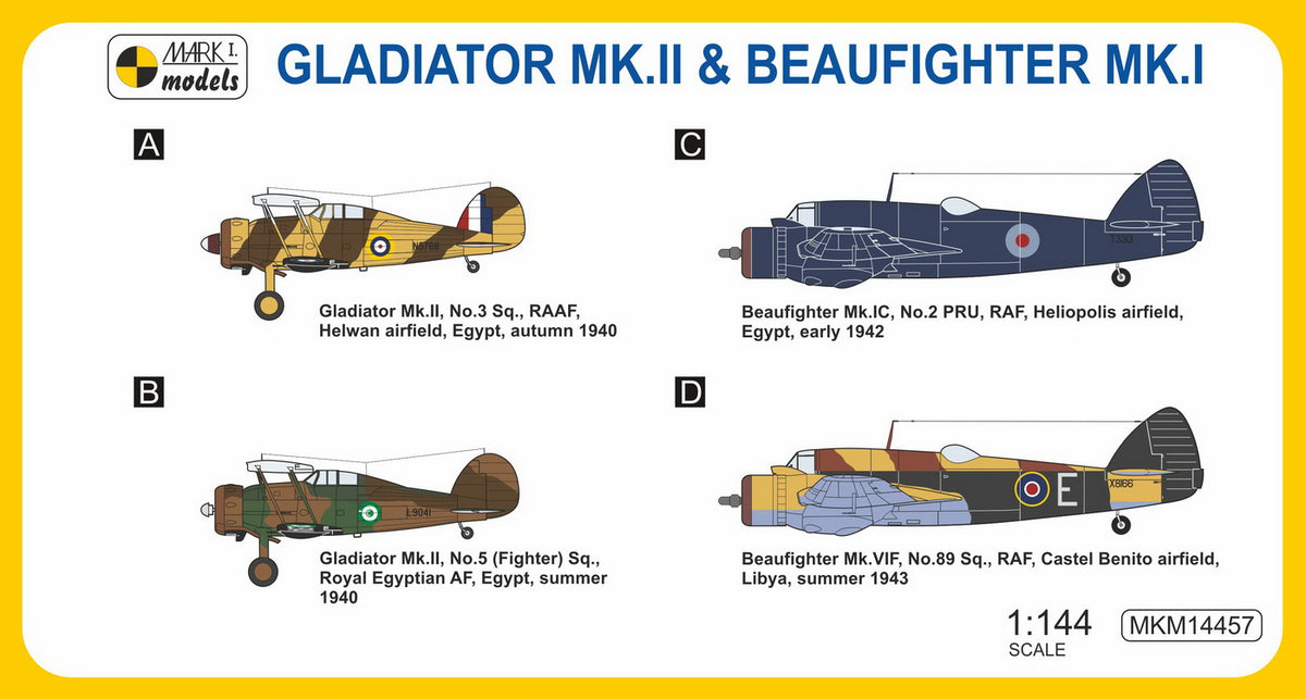 Mark I Models MKM14457 1:144 Gloster Gladiator Mk.II & Bristol Beaufighter Mk.IC/Mk.VIF 'North Africa' (double kits)
