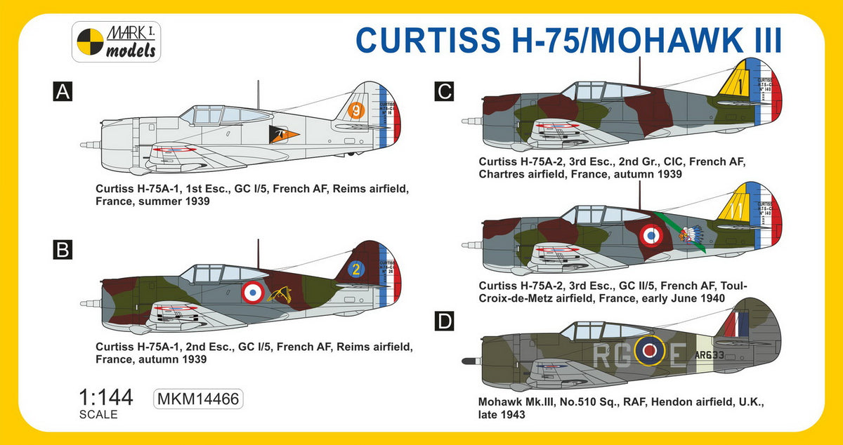 Mark I Models MKM14466 1:144 Curtiss H-75/Mohawk III 'French & British Fighter' (2in1 = 2 kits in 1 box)	(French AF, RAF)