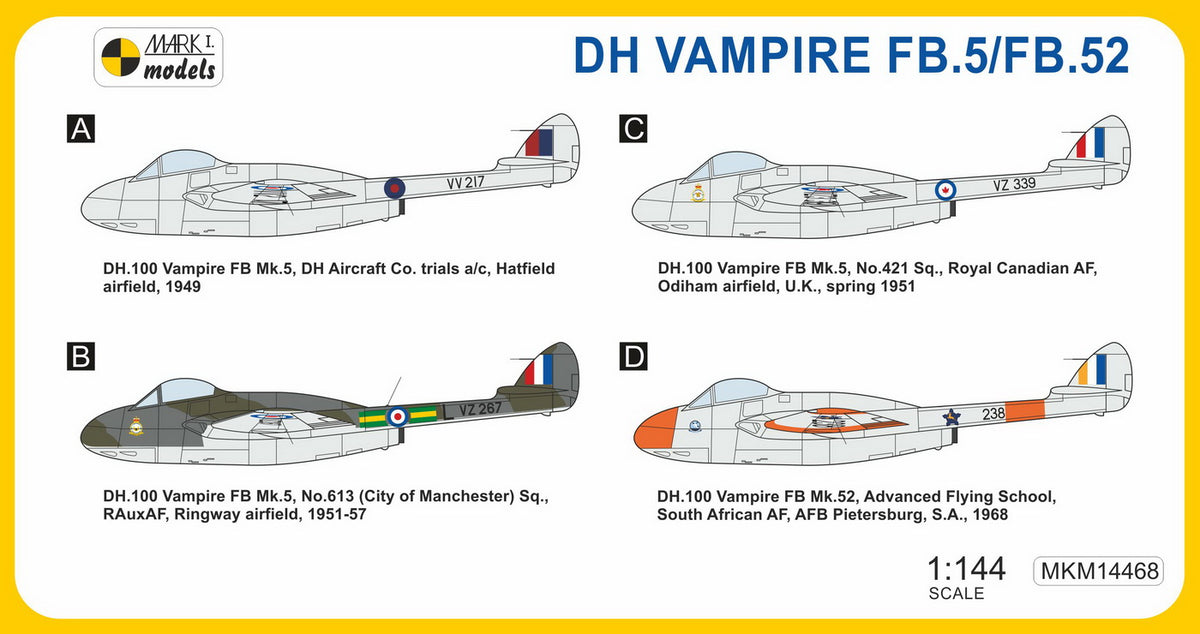 Mark I Models MKM14468 1:144 de Havilland Vampire FB.5/FB.52 Commonwealth Service (2in1 = 2 kits in 1 box)	(RAF, RAuxAF, RCAF, SAAF)