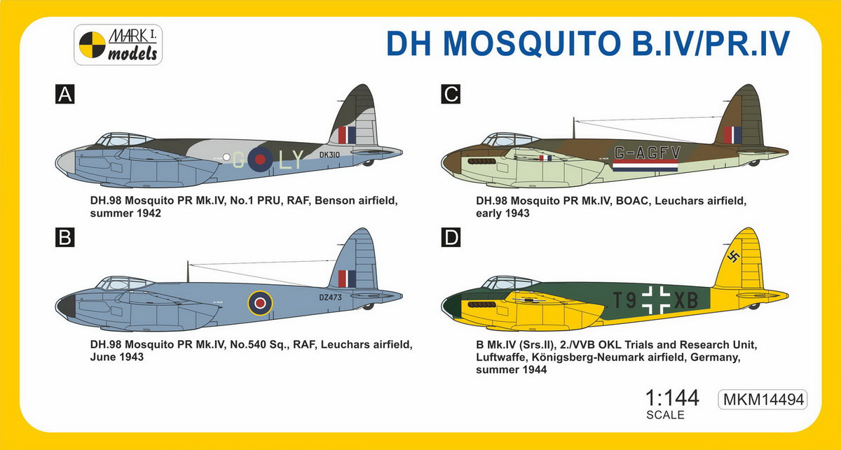 Mark I Models MKM14494 1:144 de Havilland Mosquito B.IV/PR.IV 'Special Liveries' (RAF, BOAC, Luftwaffe)