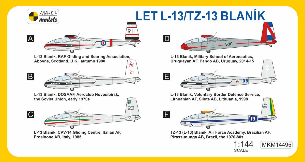 Mark I Models MKM14495 1:144 Let L-13/TZ-13 Blanik 'in Military Service' (2 kits in 1 box) (RAF, DOSAAF, Italian AF, Uruguayan AF, Lithuanian AF, Brazilian AF)
