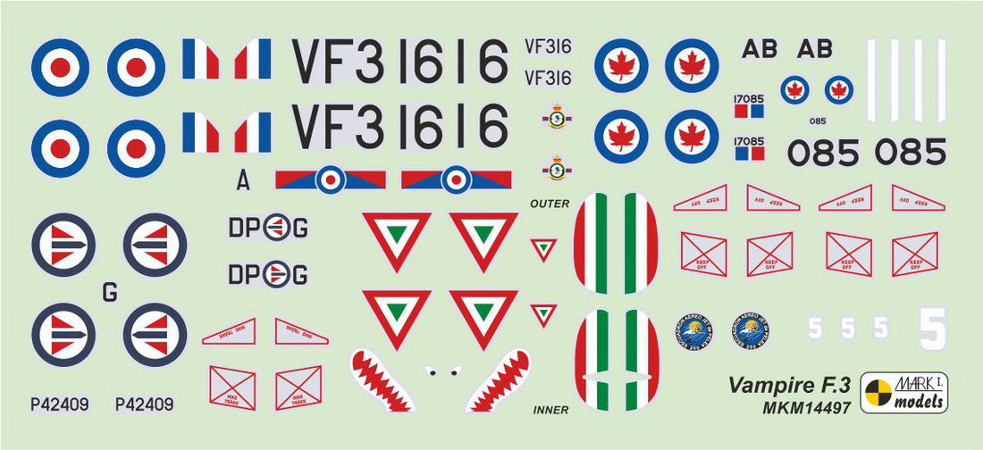 Mark I Models MKM14497 1:144 de Havilland Vampire F.3 'Jet Fighter' (2in1 = 2 kits in 1 box)	(RAF, RCAF, RNoAF, MexAF)