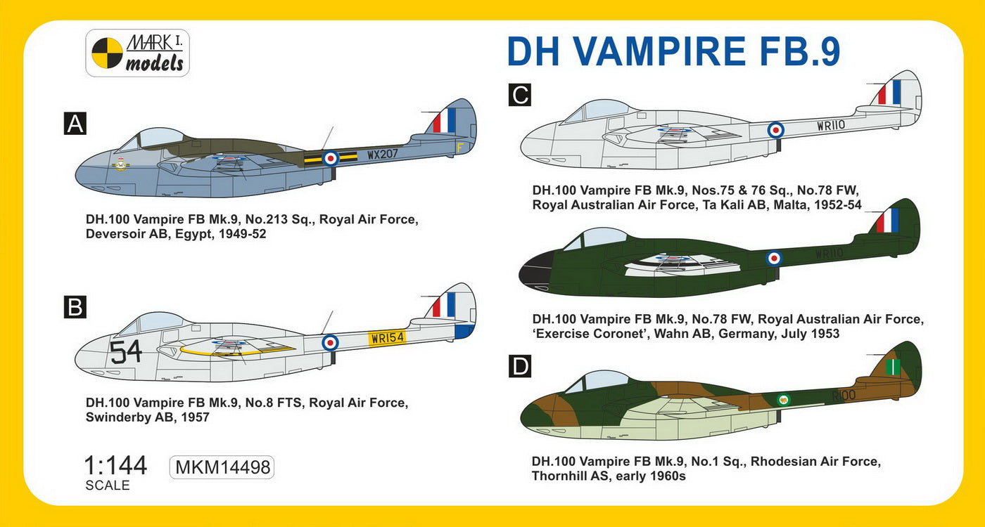 Mark I Models MKM14498 1:144 de Havilland Vampire FB.9 'Tropical Fighter-Bomber' (2in1 = 2 kits in 1 box)