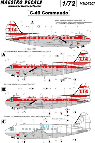 Maestro Models MMD7207 1:72 Curtiss C-46 Commando decal TransAir