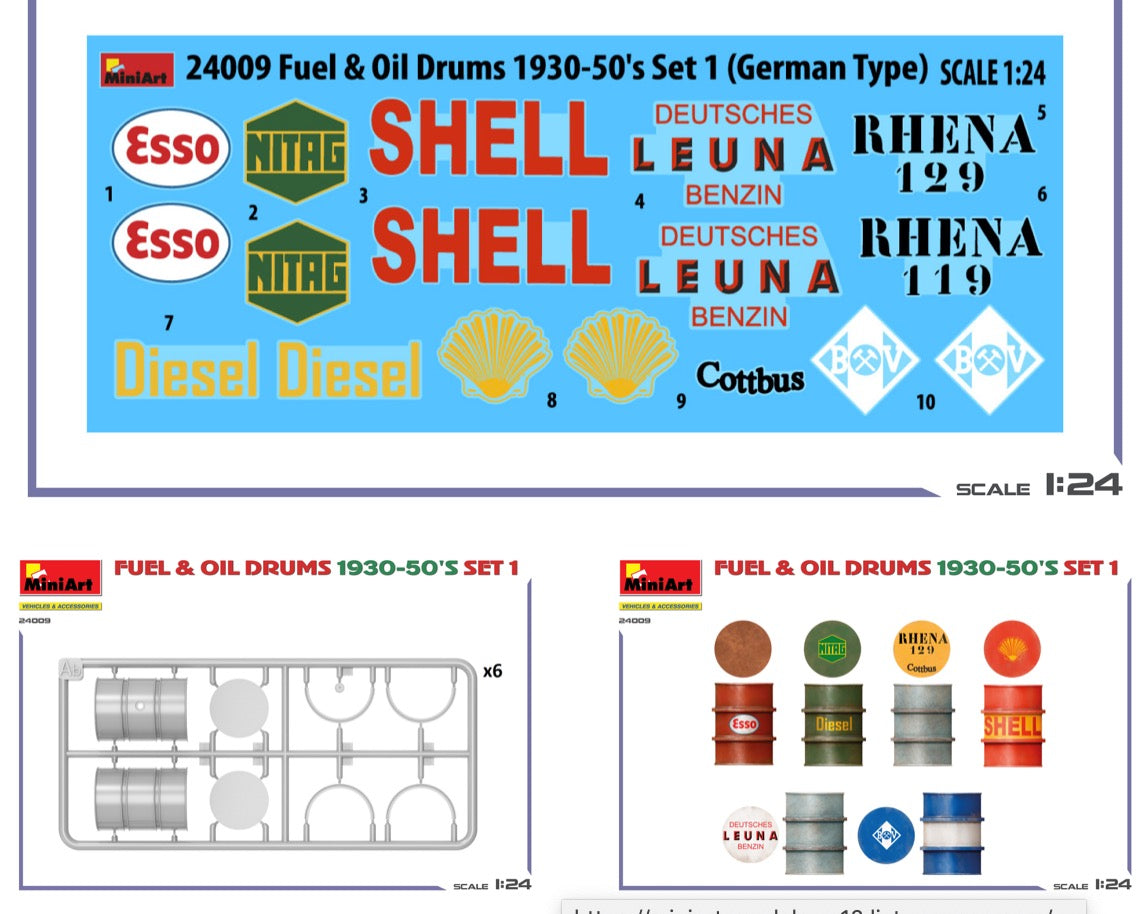 MiniArt 24009 1:24 Fuel And Oil Drums 1930-50's Set 1 German Type