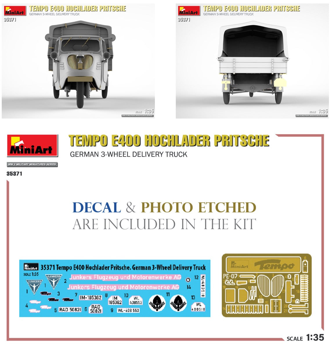 Mini Art 35371 1:35 Tempo E400 Hochlander Pritsche German 3-Wheeled Delivery Truck