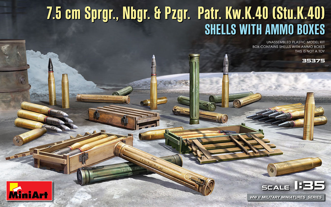 Mini Art 35375 1:35 7.5 cm Sprgr., Nbgr. & Pzgr. Patr. Kw.K.40 (Stu.K.40) Shells with Ammo Boxes