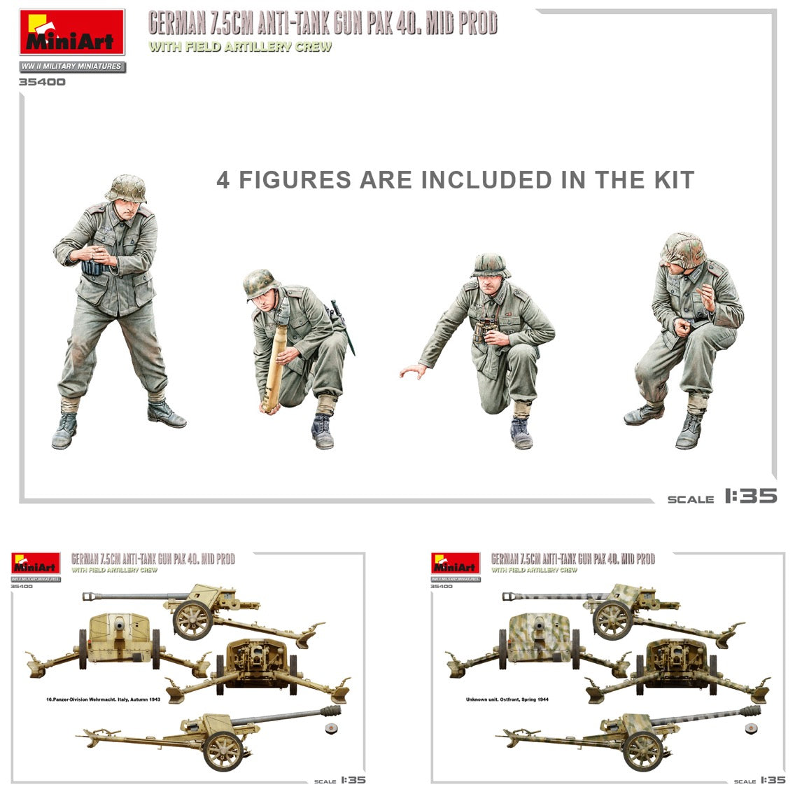 MiniArt 35400 1:35 German 7,5cm Anti-Tank Gun PaK 40. Mid Prod.With Field Artillery Crew