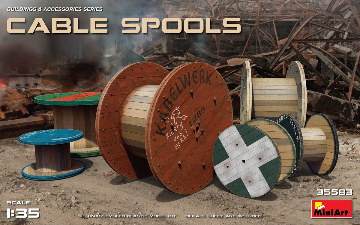 MiniArt 35583 1:35 Cable Spools. This set contains unassembled plastic model of 6 Cable Spools with 20 Decal options.