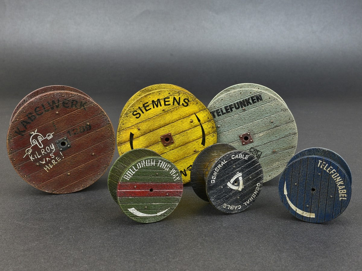 MiniArt 35583 1:35 Cable Spools. This set contains unassembled plastic model of 6 Cable Spools with 20 Decal options.