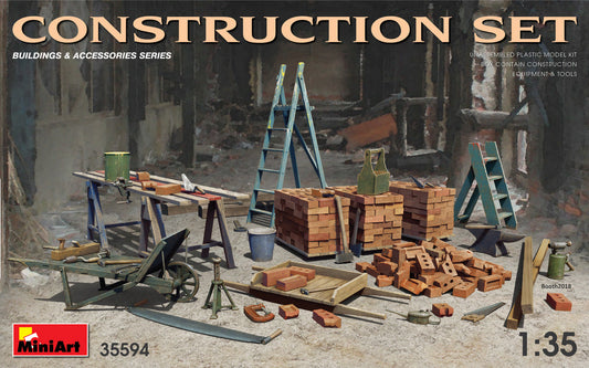 MiniArt 35594 1:35 Construction Set Kit Ladders, Table, Buckets, Bricks, Cart, Anvil, Beams, Jack Stand & Tools