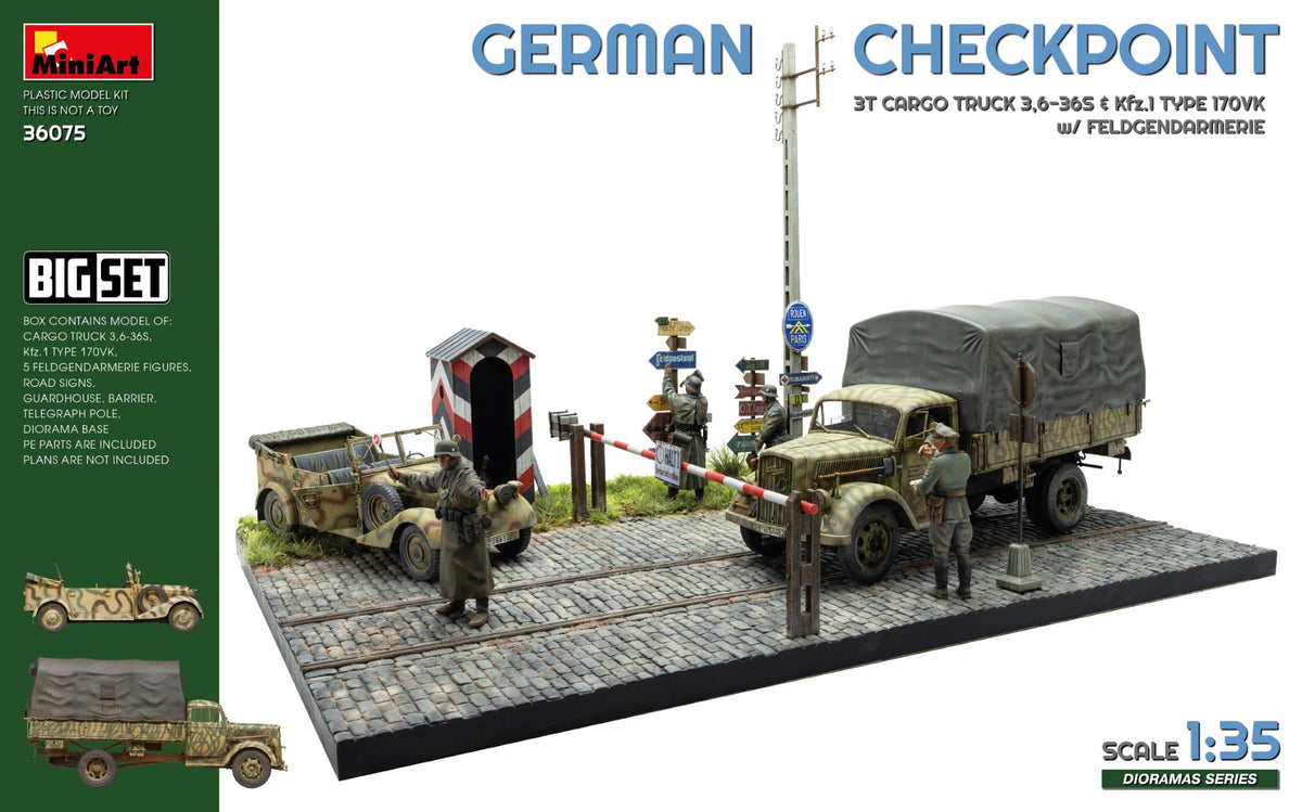 MiniArt 36075 1:35 German Checkpoint - 3t Cargo Truck 3,6-36S & Kfz.1 Type 170VK with Feldgendarmerie (Big Set)