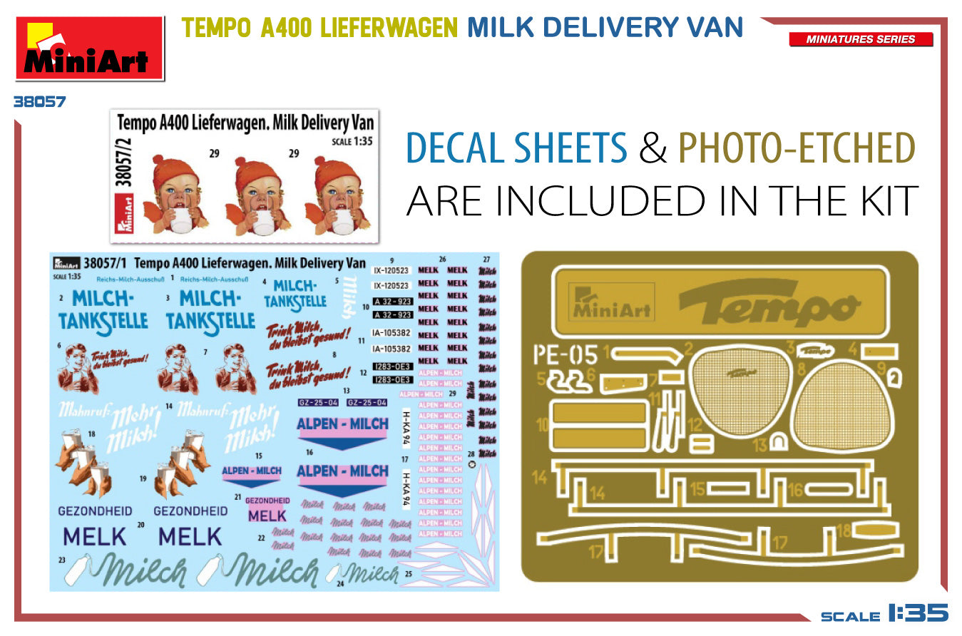 Mini Art 38057 1:35 Tempo A400 Lieferwagen Milk Delivery Van