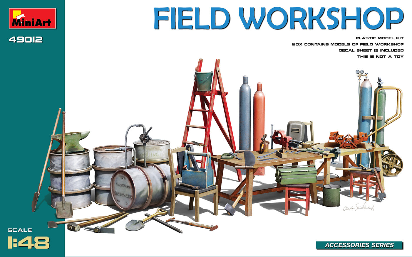 MiniArt 49012 1:48 Field Workshop Kit contains models of: gas cylinders, ladders, table, buckets, cart, anvil, beams, jack stand and tools in 1:48 Scale