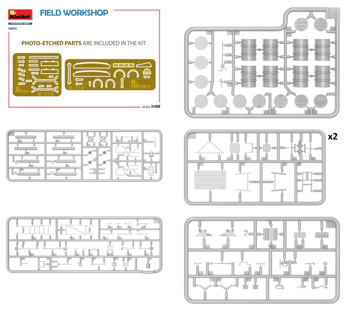 MiniArt 49012 1:48 Field Workshop Kit contains models of: gas cylinders, ladders, table, buckets, cart, anvil, beams, jack stand and tools in 1:48 Scale