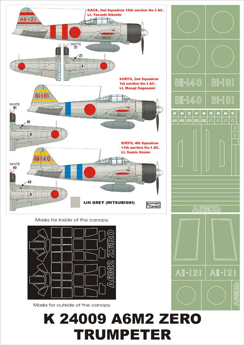 Montex K24009 1:24 Mitsubishi A6M2b Model 21 Zero (canopy frame paint masks (inside and outside)) + insignia and markings masks