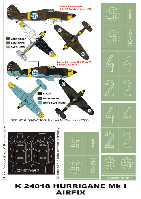 Montex K24018 1:24 Hawker Hurricane Mk.I (Finland) (canopy frame paint masks (inside and outside)) + insignia and markings masks