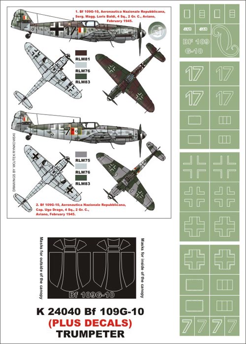 Montex K24040 1:24 Messerschmitt Bf-109G-10 (Italy) (canopy frame paint masks (inside and outside)) + insignia and markings masks + decals