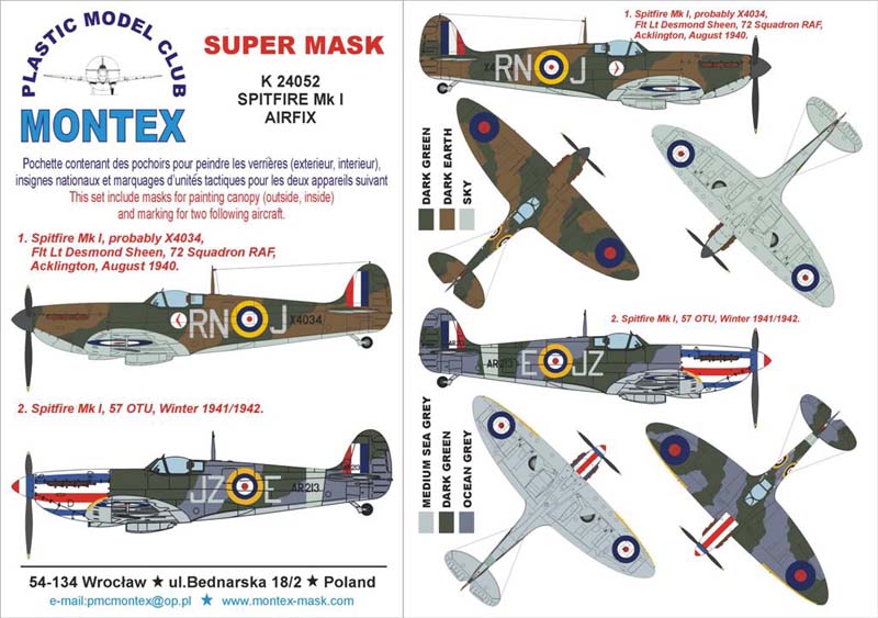 Montex K24052 1:24 Spitfire Mk.I (canopy frame paint masks (inside and outside) + insignia and markings masks
