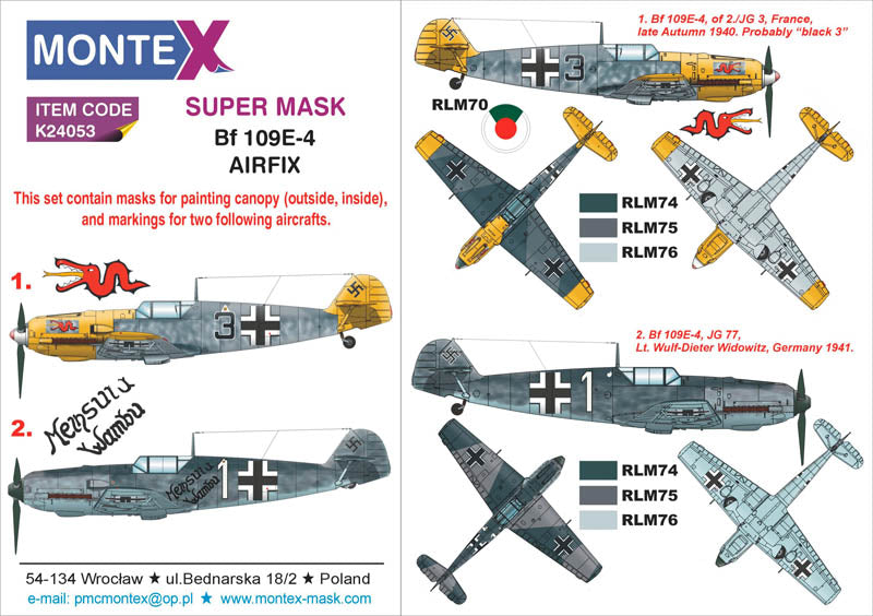 Montex K24053 1:24 Messerschmitt Bf-109E-4 (canopy frame paint masks (inside and outside) + insignia and markings masks