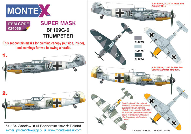 Montex K24055 1:24 Messerschmitt Bf-109G-6 (canopy frame paint masks (inside and outside)) + insignia and markings mask