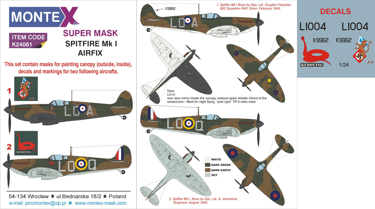 Montex K24061 1:24 Supermarine Spitfire Mk.I (canopy frame paint masks (inside and outside)) + insignia and markings masks + decals