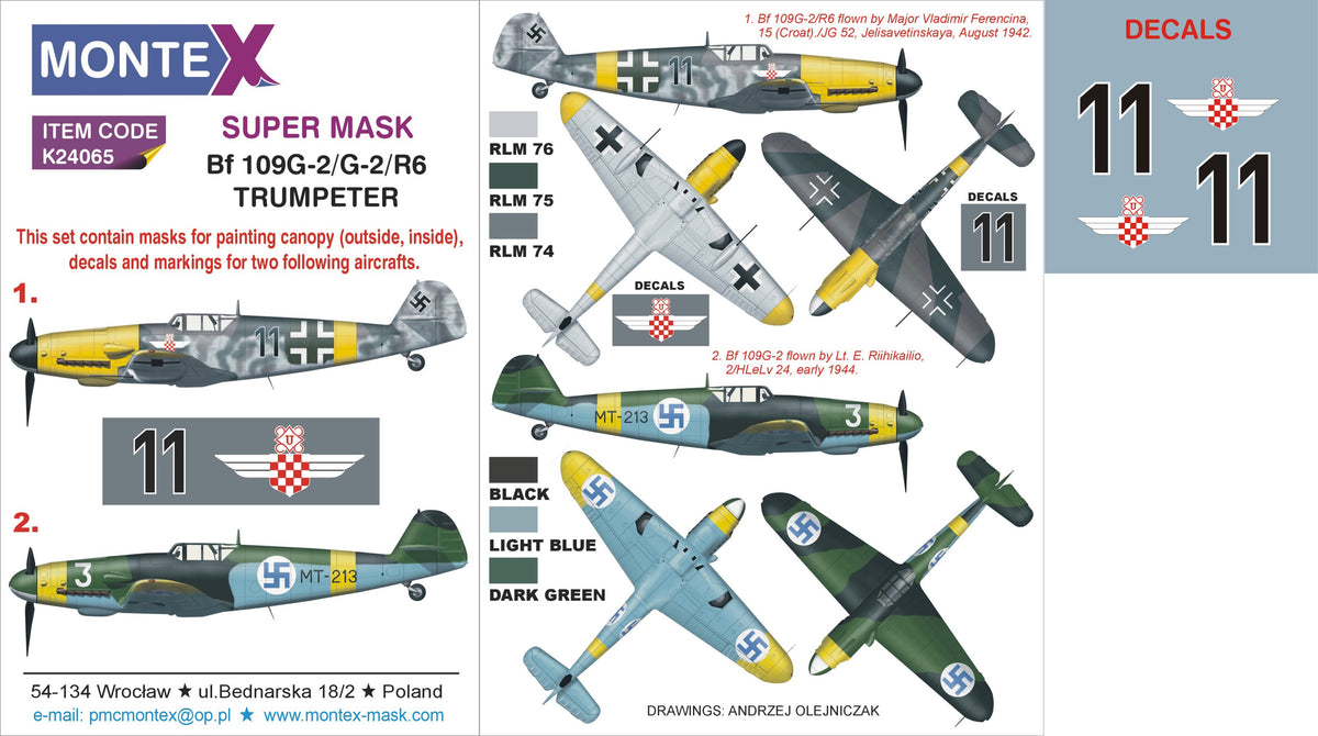 Montex K24065 1:24 Messerschmitt Bf-109G-2 (canopy frame paint masks (inside and outside)) + insignia and markings masks + decals
