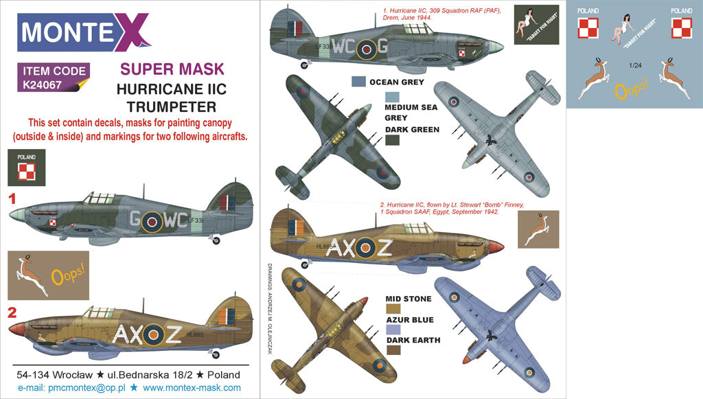 Montex K24067 1:24 Hawker Hurricane Mk.IIC (canopy frame paint masks (inside and outside)) + insignia and markings masks + decals