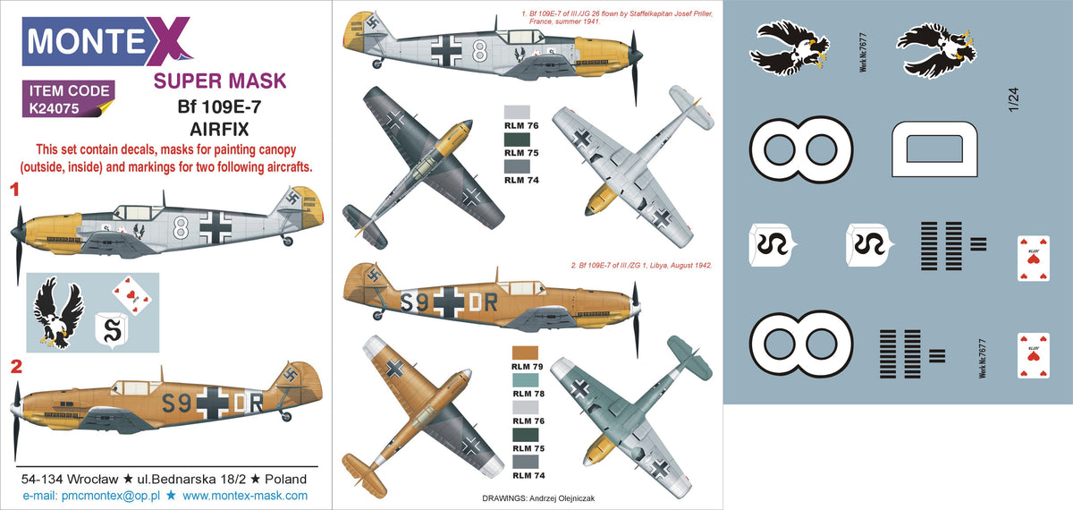 Montex K24075 1:24 Messerschmitt Bf-109E-7 2 canopy frame paint mask (inside & outside) insignia and markings masks + decals