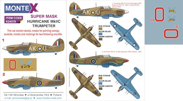Montex K24078 1:24 Hurricane Mk.IIC 2 canopy mask (interior and exterior canopy frame mask) + insignia and markings masks + decals