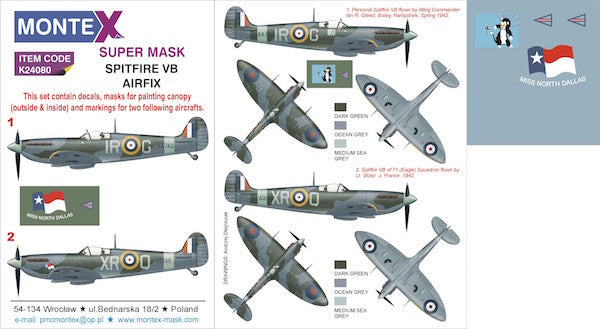 Montex K24080 1:24 Spitfire Mk.VB 2 canopy mask (interior and exterior canopy frame mask) + insignia and markings masks + decals