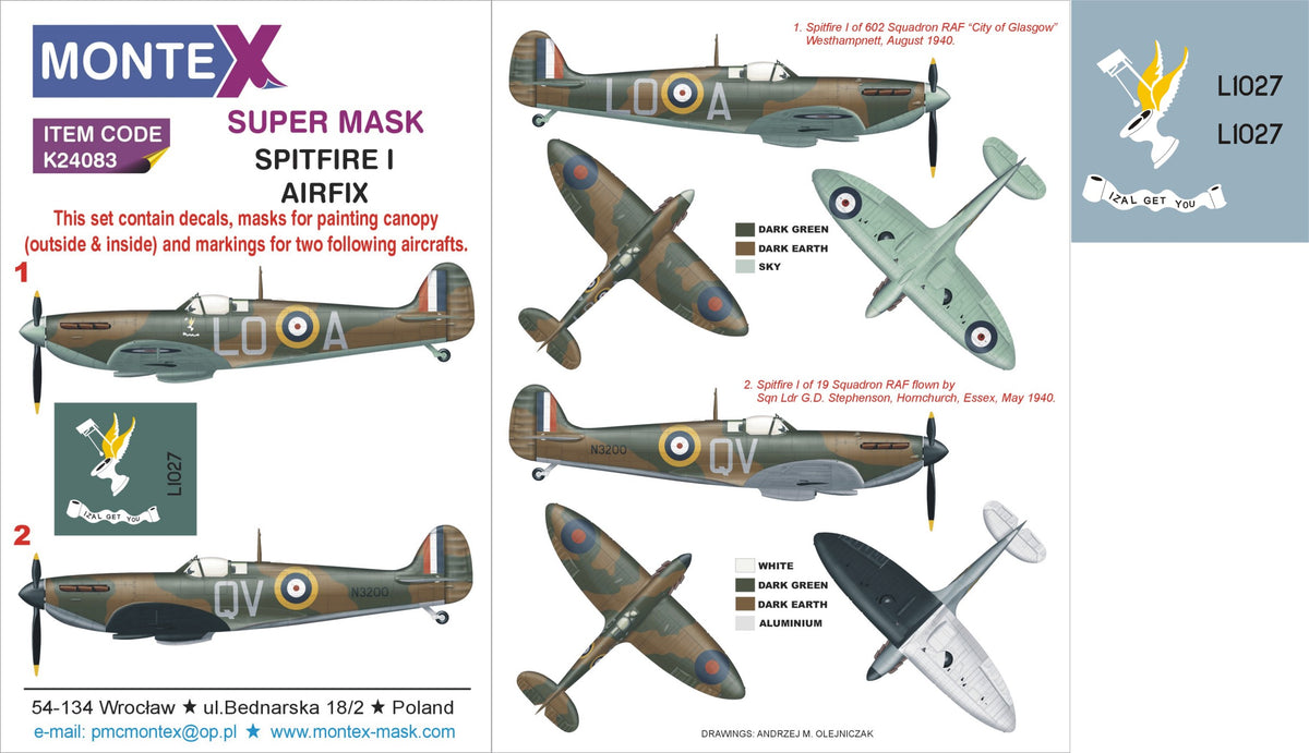Montex K24083 1:24 Supermarine Spitfire Mk.I 2 canopy mask + insignia and markings masks + decals