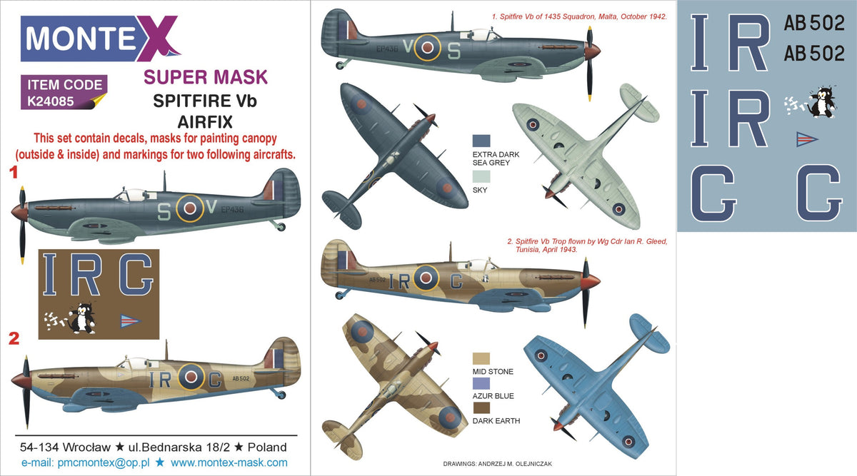 Montex K24085 1:24 Supermarine Spitfire Mk.Vb 2 canopy mask  + insignia and markings masks + decals