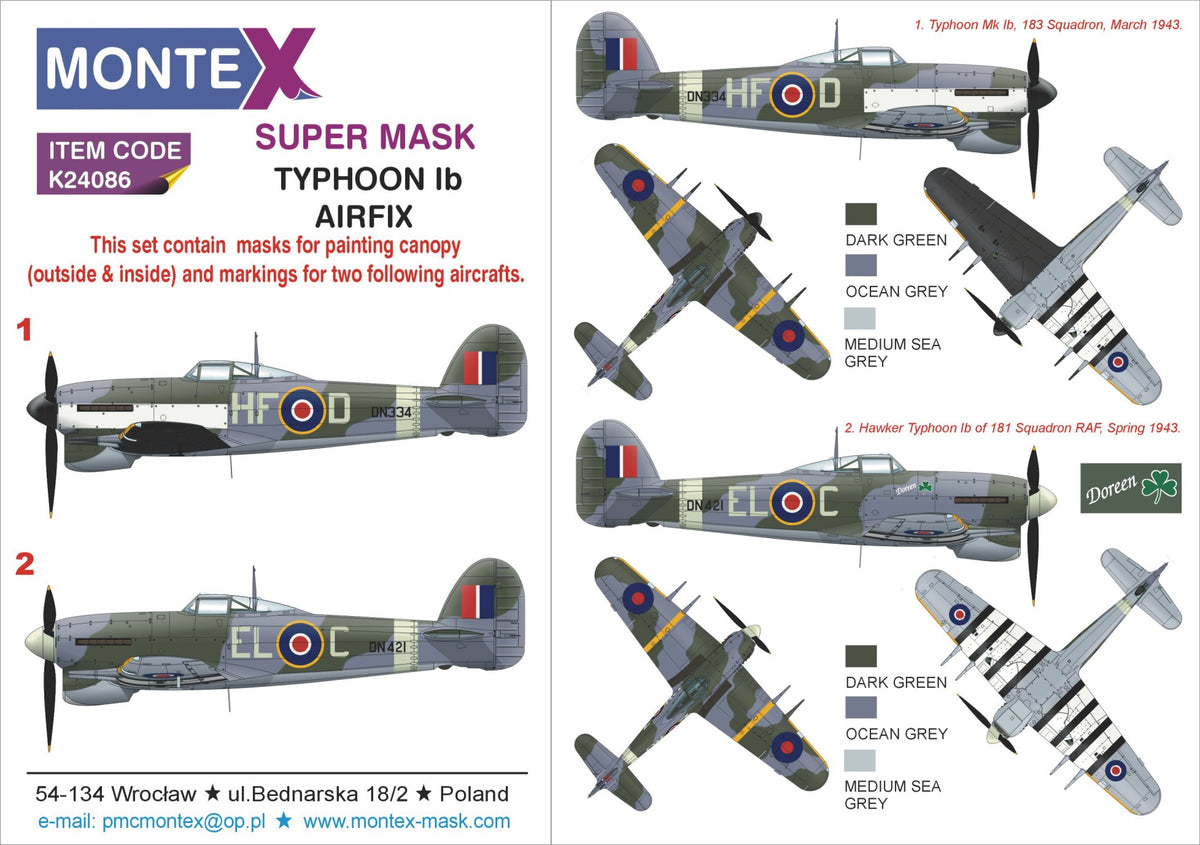 Montex K24086 1:24 Hawker Typhoon Mk.IB (CAR DOOR) 2 canopy mask + insignia and markings masks