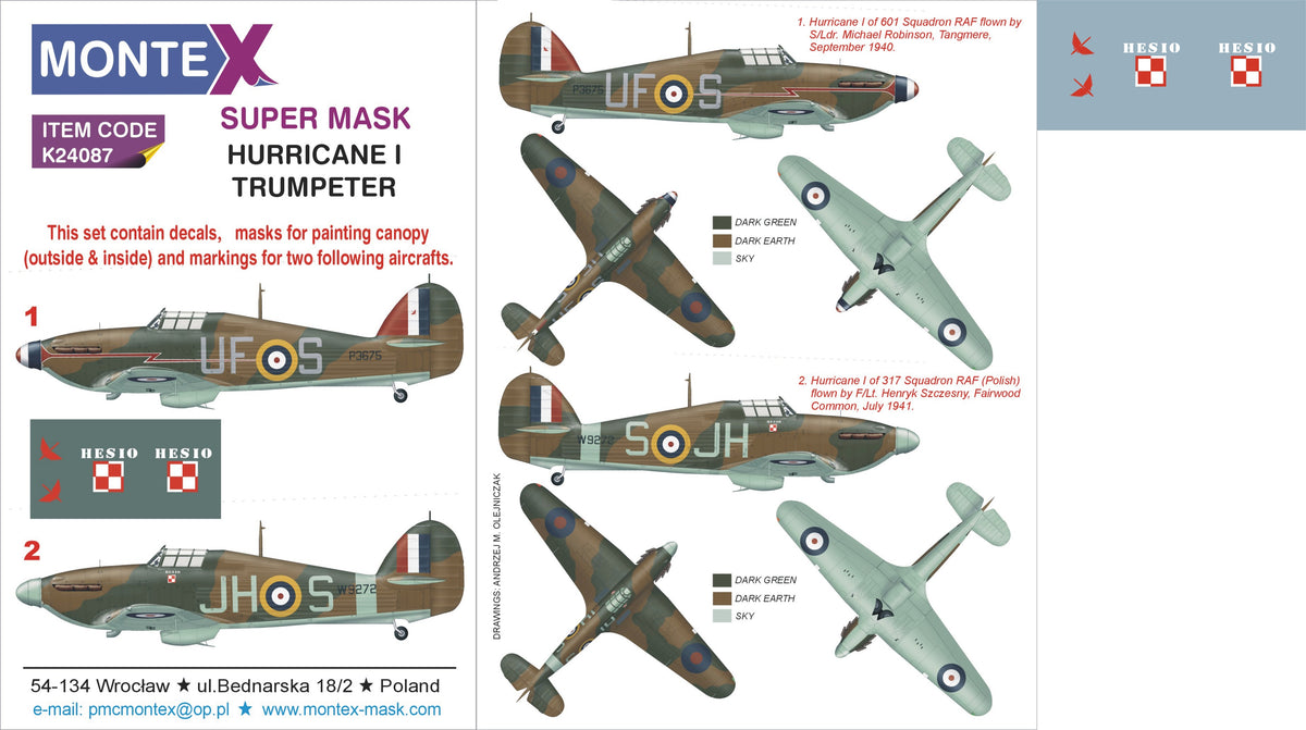 Montex K24087 1:24 Hawker Hurricane Mk.I 2 canopy mask + insignia and markings masks + decals