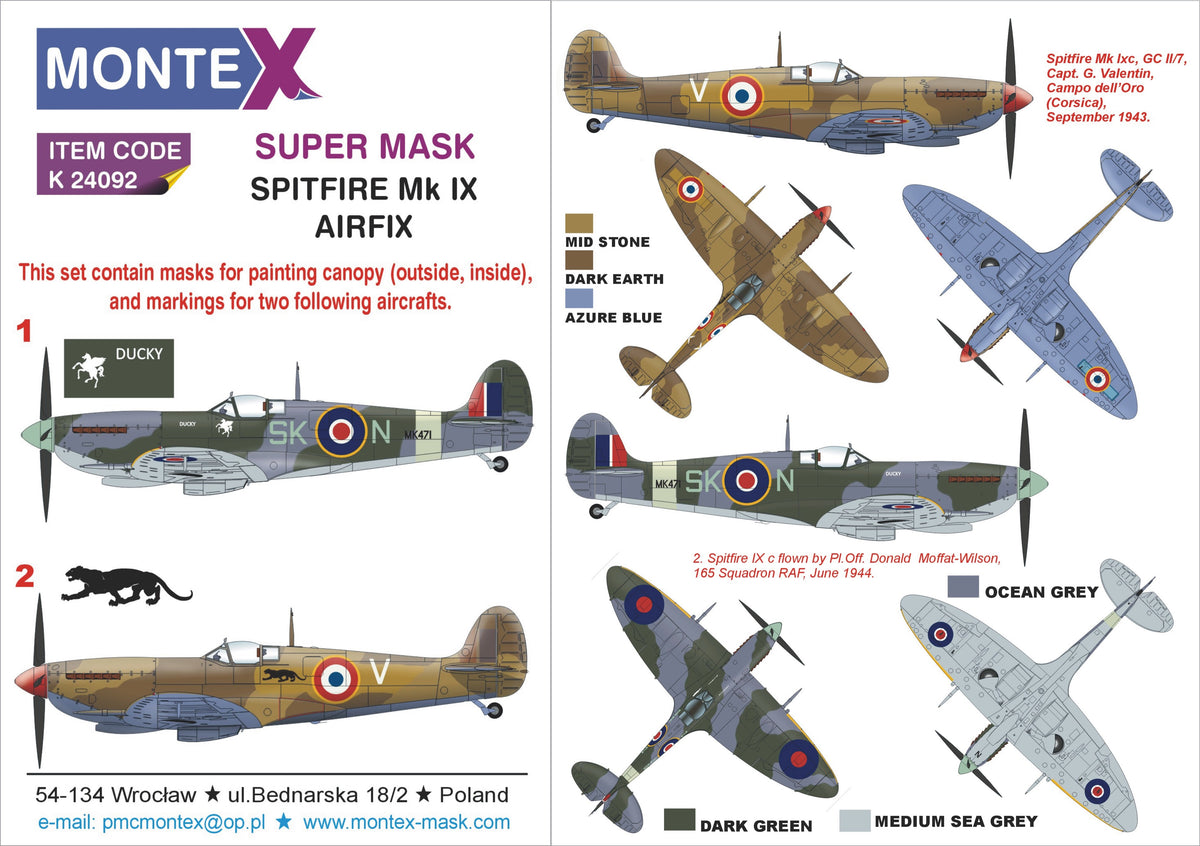 Montex K24092 1:24 Supermarine Spitfire Mk.IXc 2 canopy frame paint mask (inside & outside) + 4 insignia masks