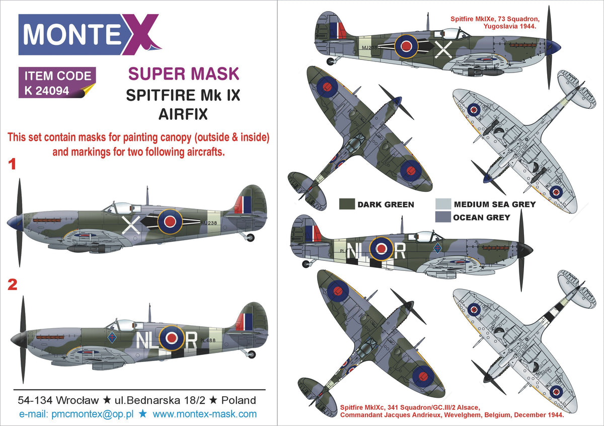 Montex K24094 1:24 Supermarine Spitfire Mk.IXc  2 canopy frame paint mask (inside & outside) + 4 insignia masks