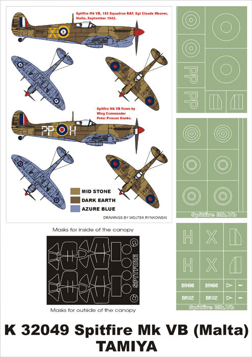 Montex K32049 1:32 Supermarine Spitfire Mk.VB (Malta) canopy frame paint masks + insignia and markings masks