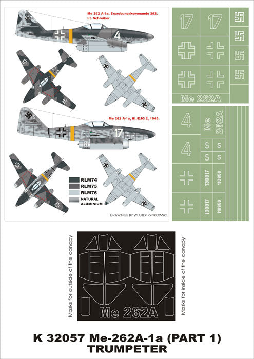 Montex K32057 1:32 Messerschmitt Me-262A-1a canopy frame paint masks insignia and markings masks