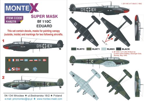 Montex K48278 1:48 Messerschmitt Bf-110C 2 canopy frame paint mask insignia and markings masks + decals (designed to be used with Eduard kits)