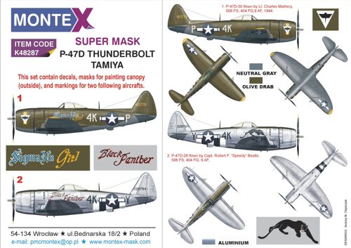 Montex K48287 1:48 Republic P-47D Thunderbolt 1 canopy mask (outside only canopy masks) + insignia and markings masks + decals (designed to be used with Tamiya kits)