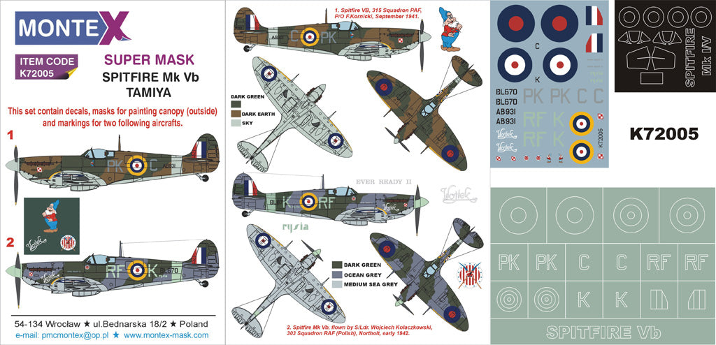 Montex K72005 1:72 Supermarine Spitfire Mk.Vb 1 canopy mask (exterior) + insignia and markings masks + decals