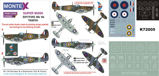 Montex K72005 1:72 Supermarine Spitfire Mk.Vb 1 canopy mask (exterior) + insignia and markings masks + decals