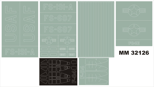 Montex MM32126 1:32 F-84E Thunderjet canopy frame paint masks  + insignia and markings masks